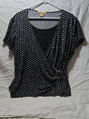 Notations Black Printed Faux-Wrap Top with Ring Accent